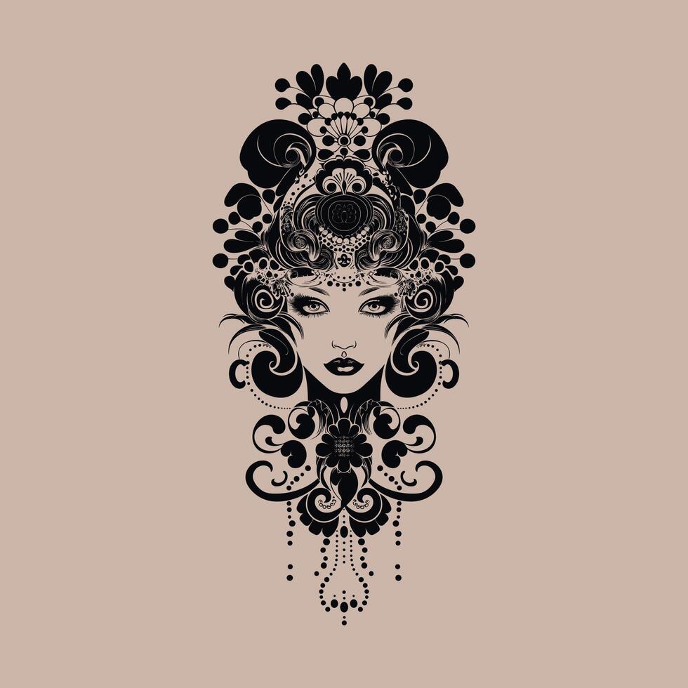 Stylish Female Figure Baroque Vintage Fashion lineArt vector