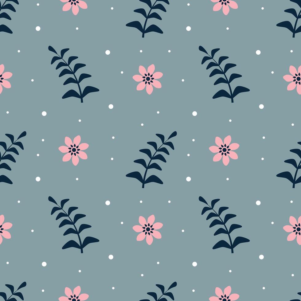 Seamless pattern with pink flowers and leaves on a blue background vector
