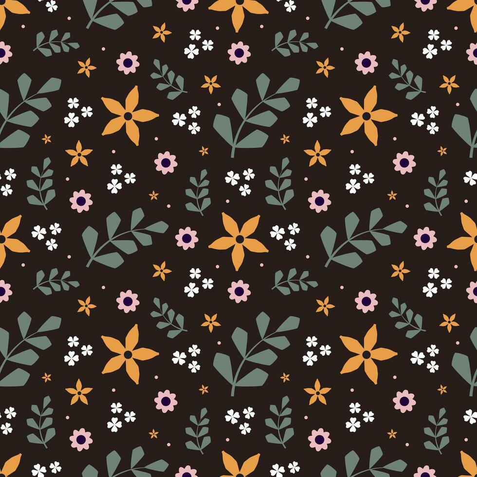 Seamless pattern with flowers and leaves on a dark background vector