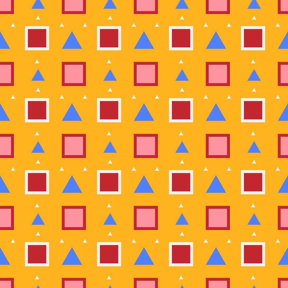 Seamless geometric pattern with red squares and blue triangles on a yellow background vector