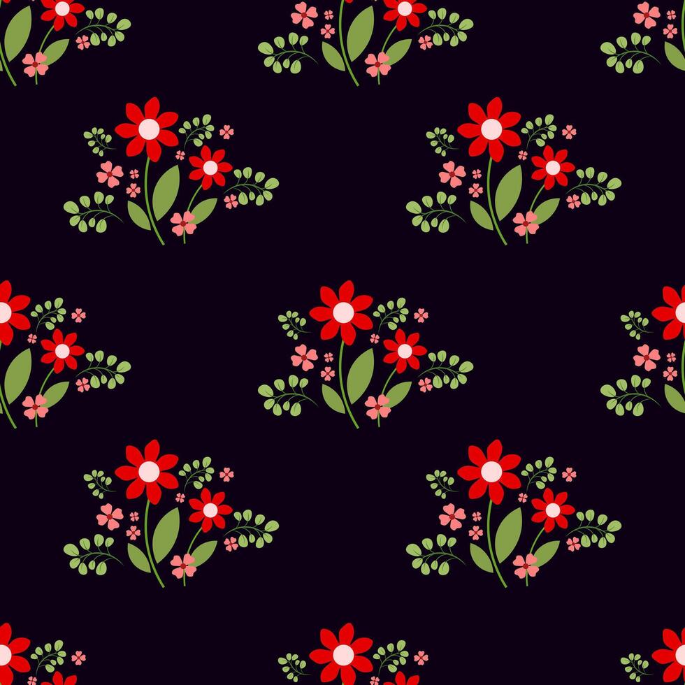 Seamless pattern with bouquets of red flowers on a dark background vector