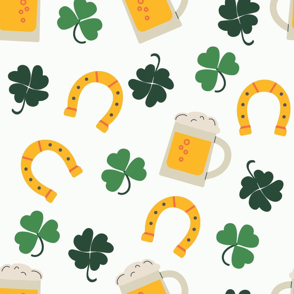 Saint patrick's day Elements seamless pattern background for packaging and decoration with beer, horseshoe and clover vector