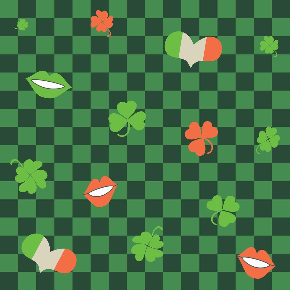 Saint patrick's day seamless checkered pattern with simple elements clover, heart, lips vector
