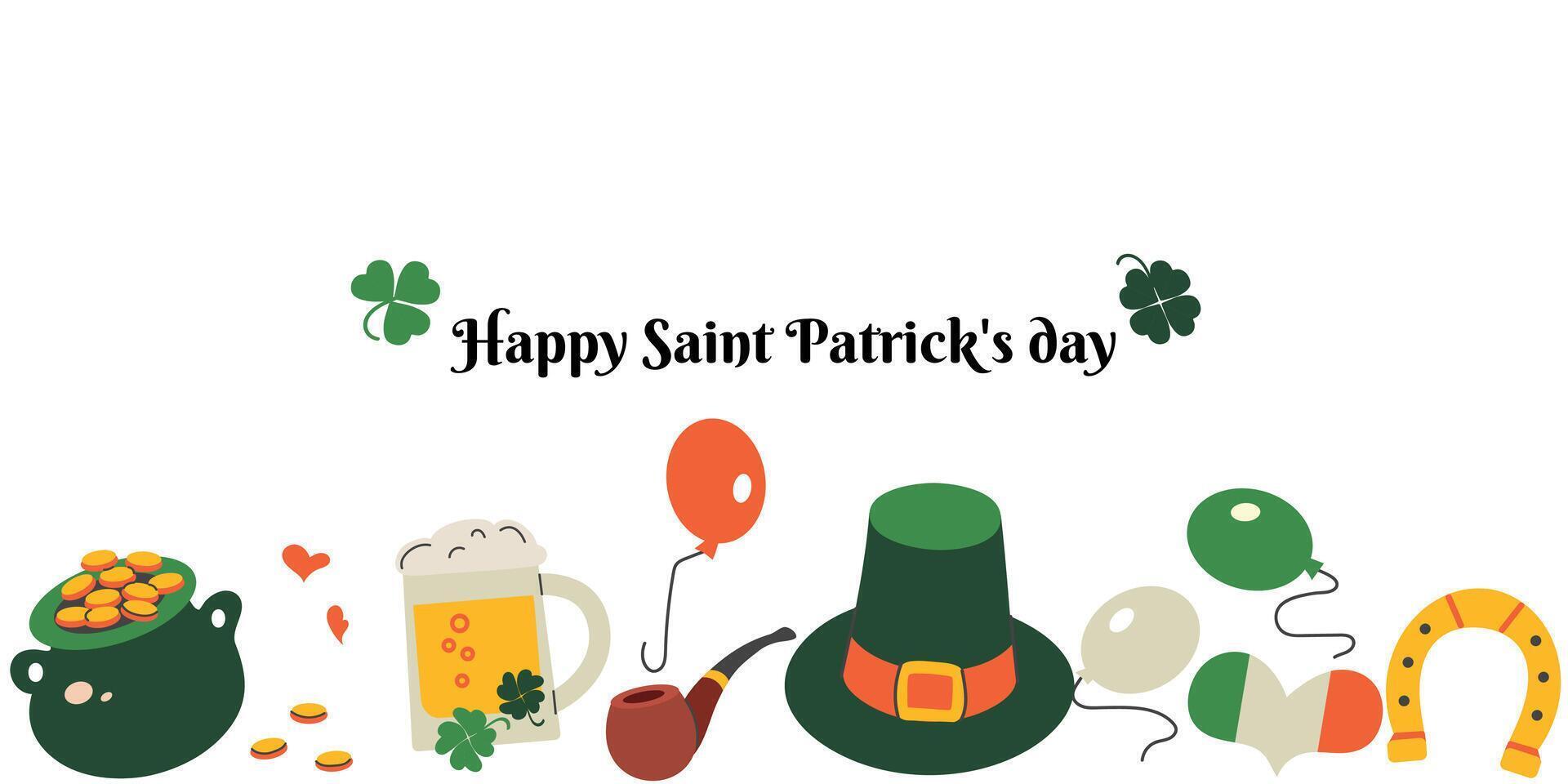 Saint patrick's day background, card, banner witn beer, green hat, coins, horseshoe, clover vector