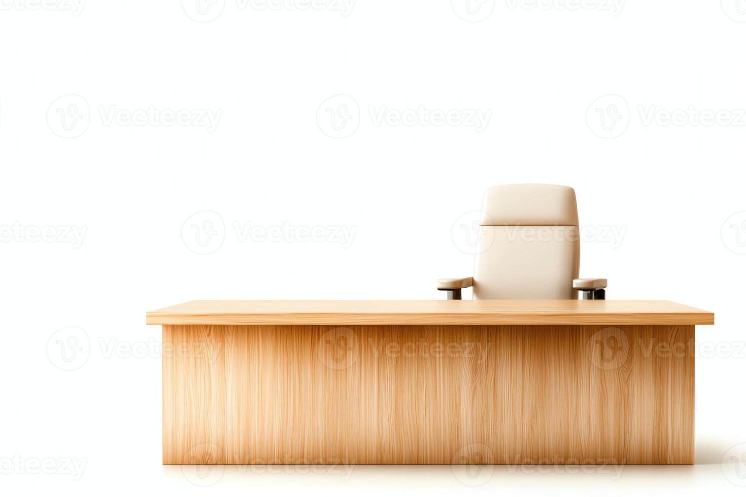 A modern office desk with a sleek wooden finish and a comfortable white chair, set against a minimalist white background, ideal for professional settings and workspace designs. photo