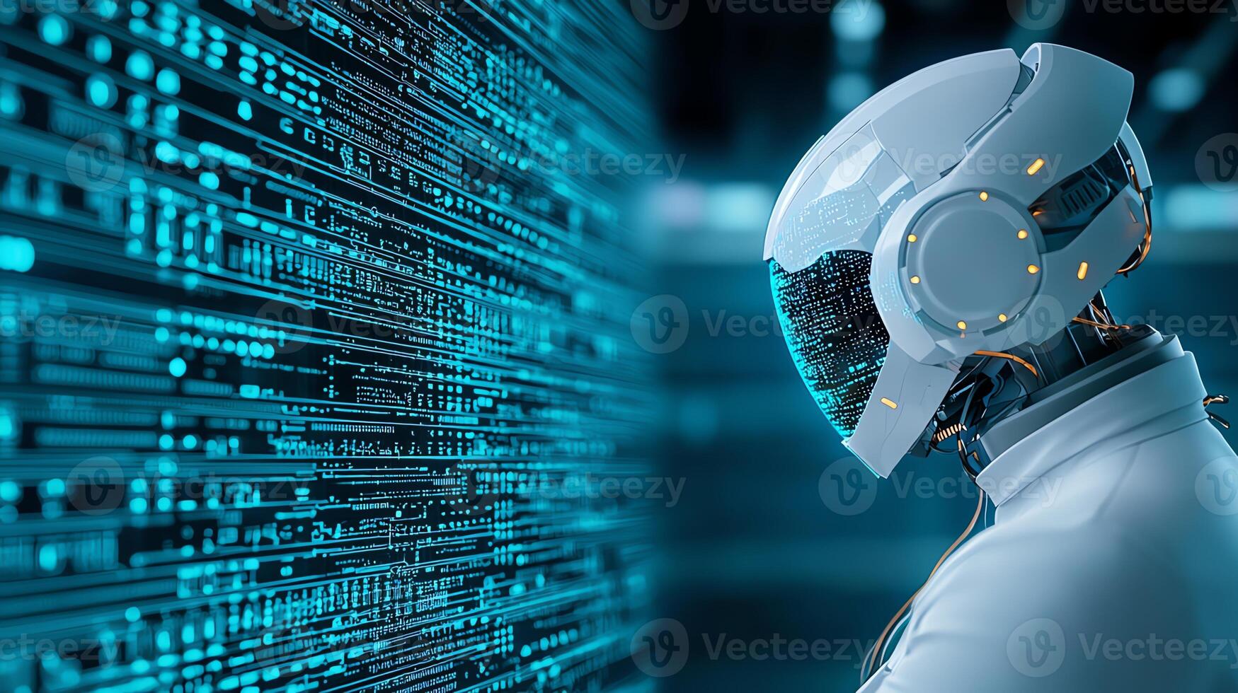 A futuristic robot with a sleek design stands in front of a glowing digital background filled with data streams, showcasing advancements in artificial intelligence and technology. photo