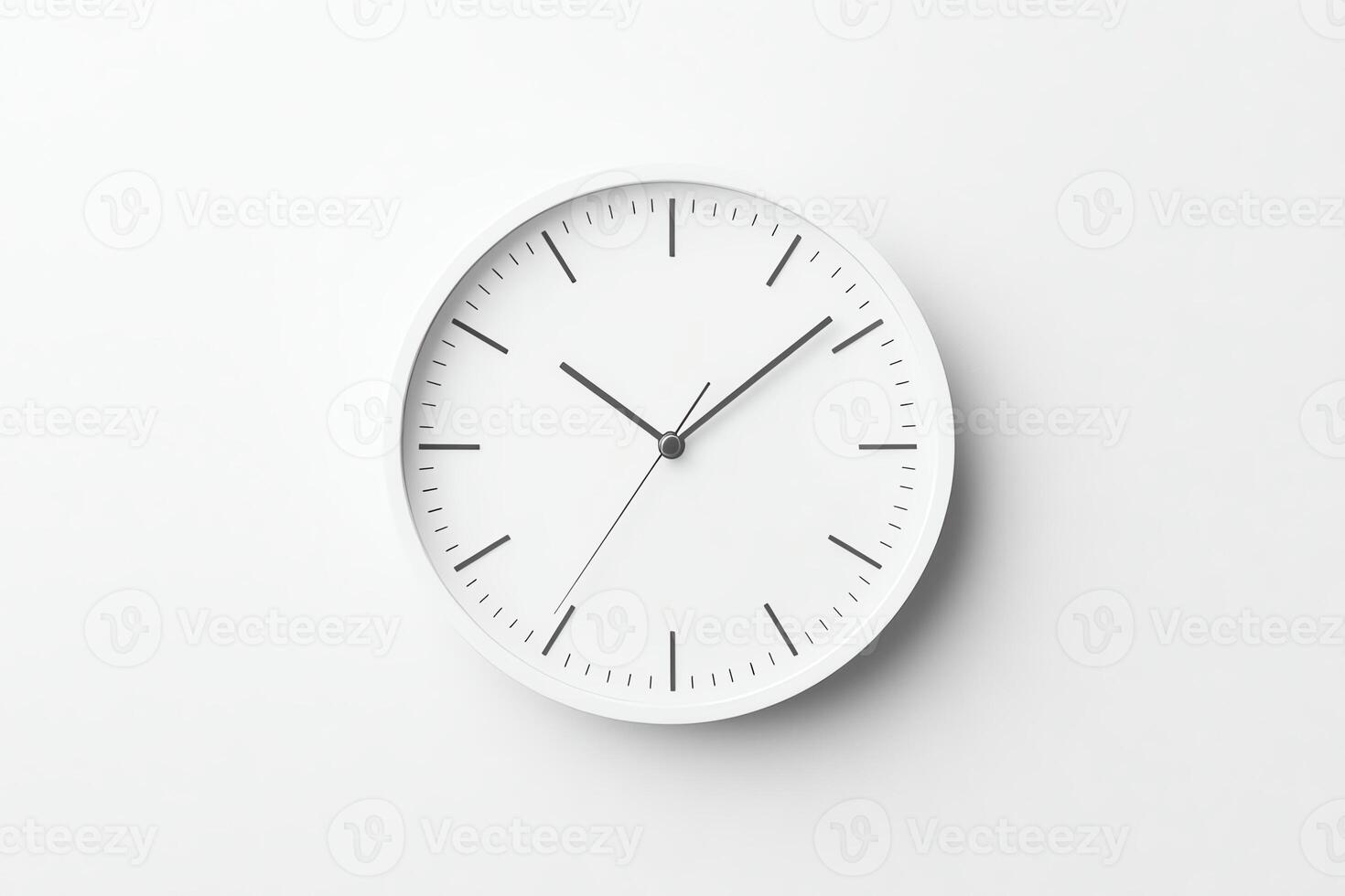 A minimalist white wall clock displaying clean design with black hour and minute hands. Perfect for modern interiors, reflecting simplicity and elegance in timekeeping. photo