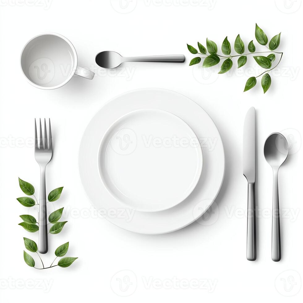 A minimalist dining setup featuring a white plate, utensils, and a cup, beautifully adorned with fresh green leaves, perfect for showcasing modern culinary design. photo