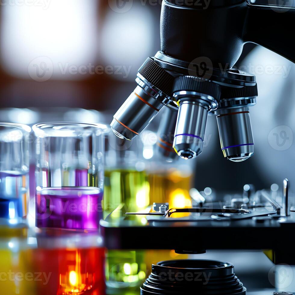 A close-up view of a microscope in a laboratory surrounded by colorful glass beakers. The setting highlights the vibrant liquids used in scientific experiments and research. photo
