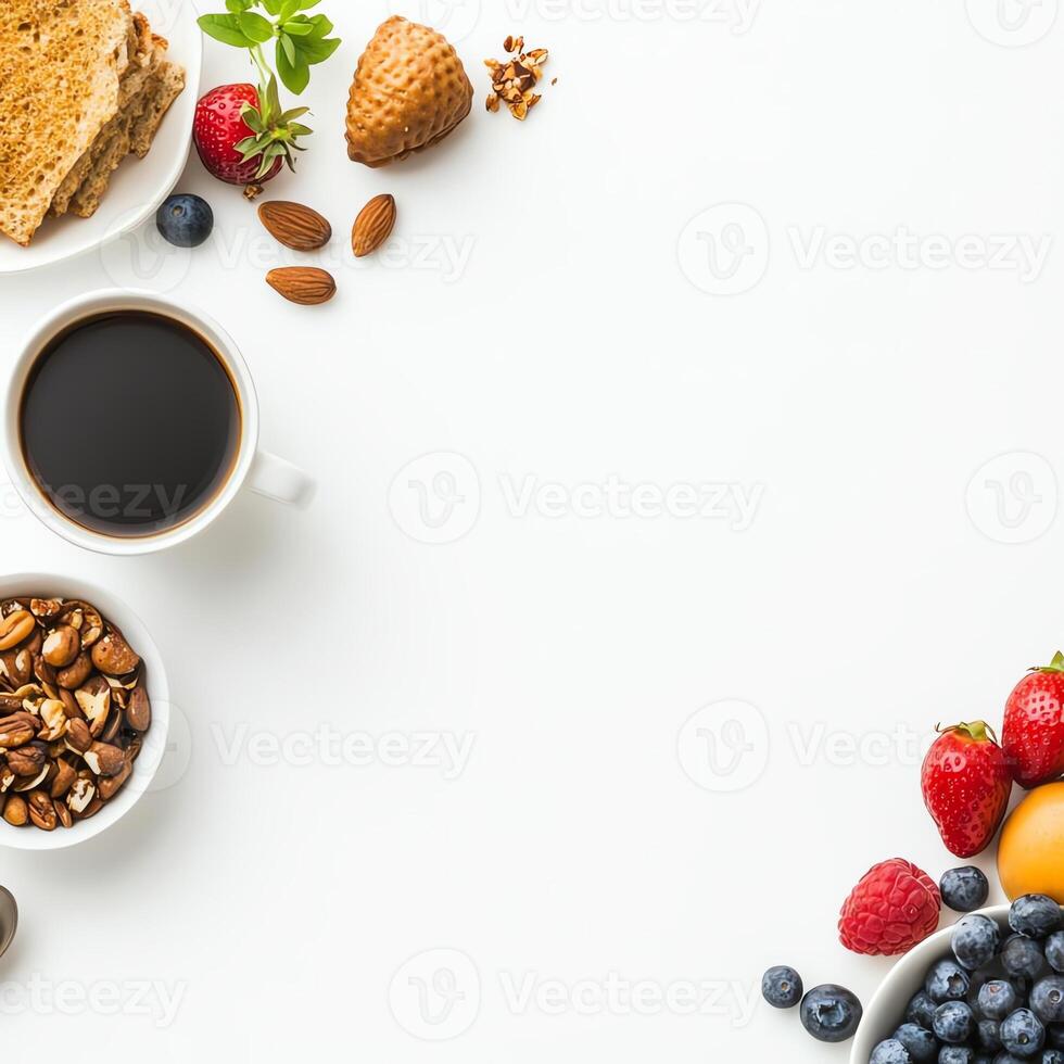 A delightful arrangement of a healthy breakfast featuring coffee, assorted nuts, fresh fruits, and whole grain bread, perfect for a nutritious start to the day. photo