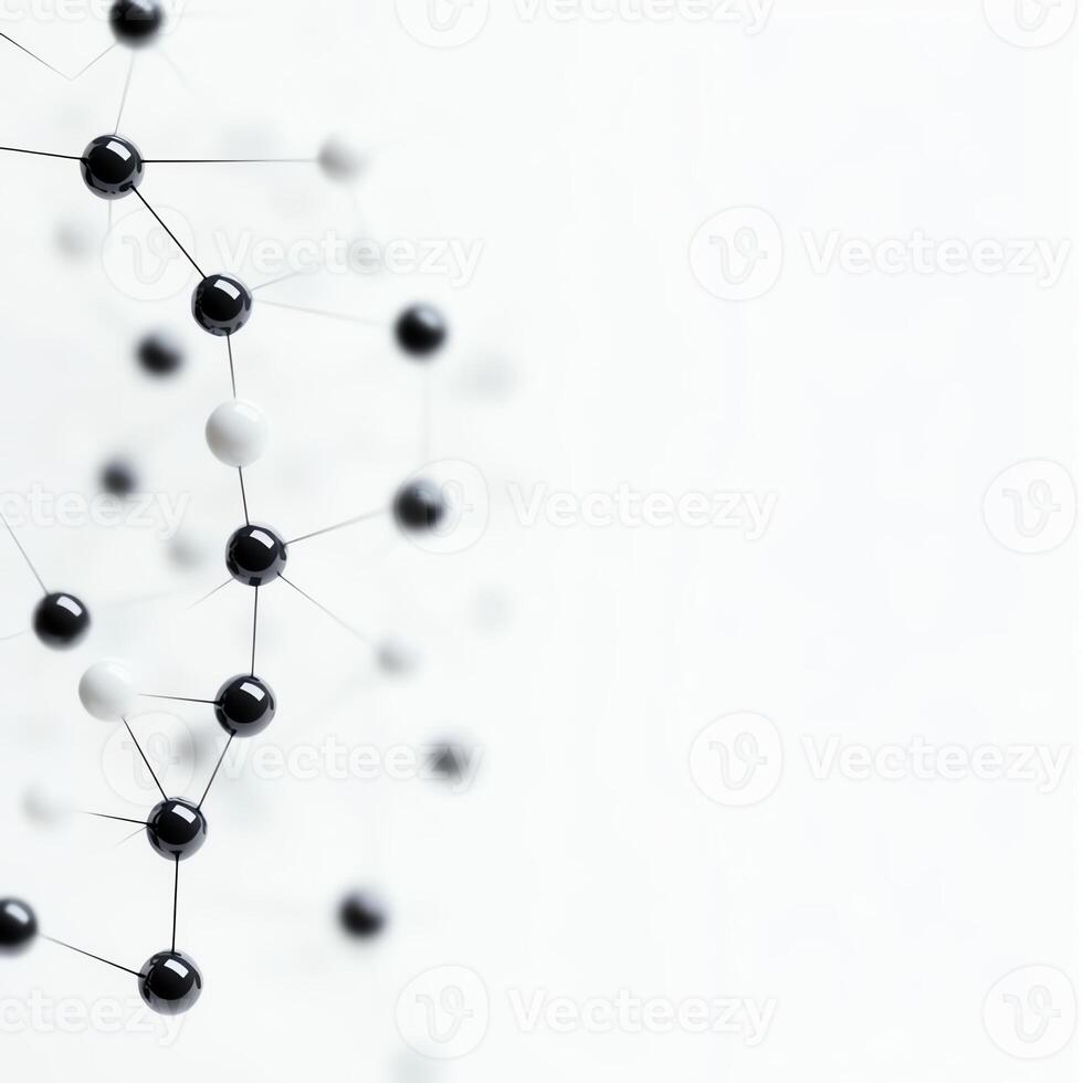 A close-up image of molecular structures showcasing black and white spheres connected by thin lines, representing the complexity of chemical bonds and molecular science. photo