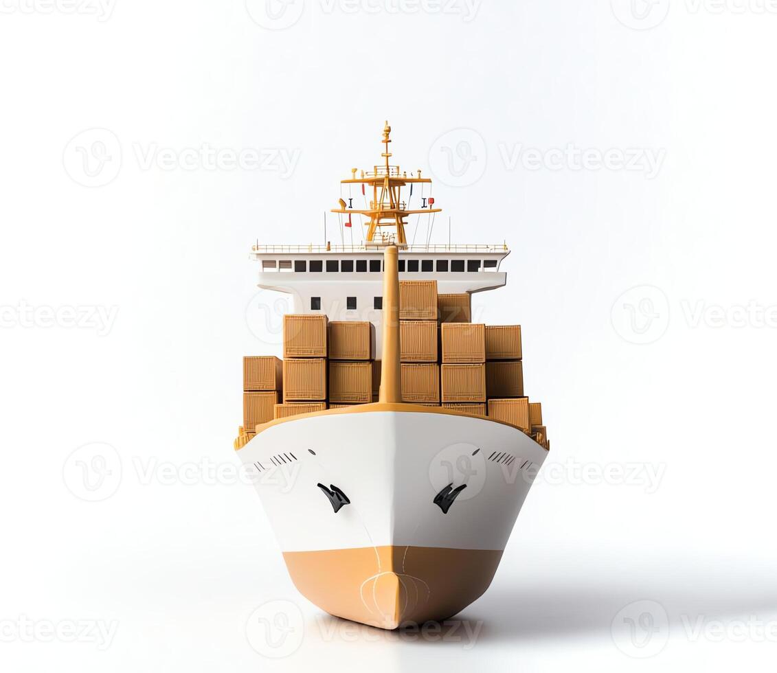 A detailed model of a cargo ship loaded with boxes, symbolizing shipping and logistics. Perfect for illustrating maritime trade and transportation in various contexts. photo