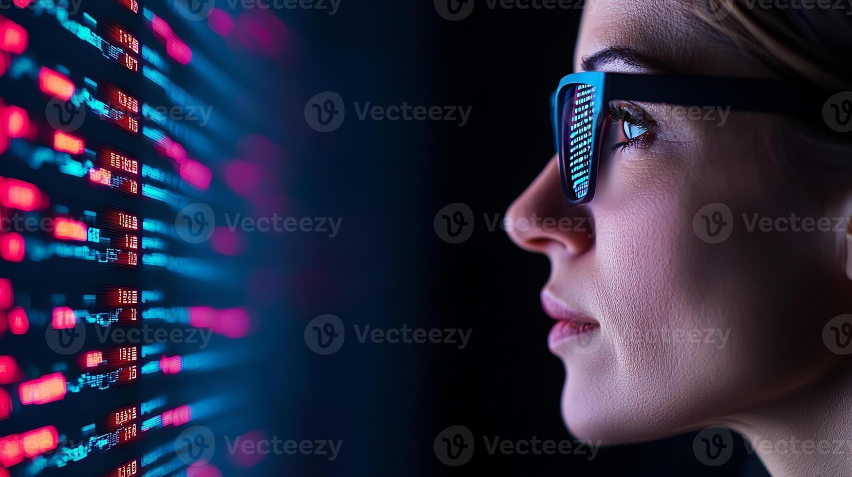A focused woman wearing glasses examines digital data on a screen, showcasing the intersection of technology and human intelligence in a modern environment. photo
