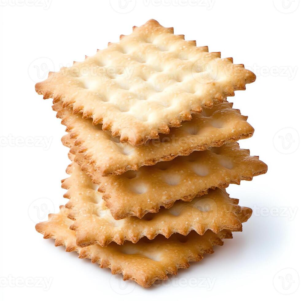 Stacked square crackers on a white isolated background, showcasing crisp texture and golden-brown color perfect for snacks or recipe ingredients. photo