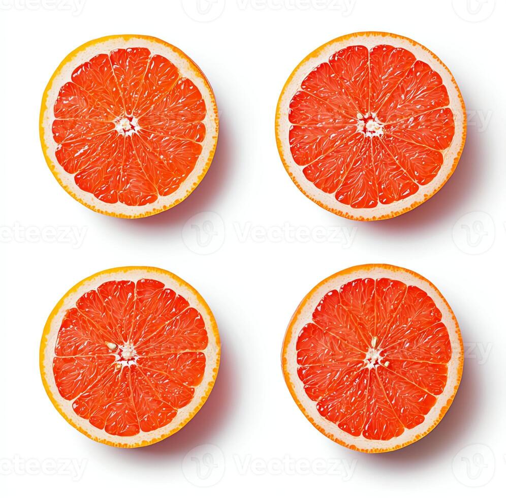Freshly sliced grapefruit sections arranged in a symmetric pattern on a white background, showcasing their vibrant color and texture, perfect for healthy recipes and culinary inspi photo