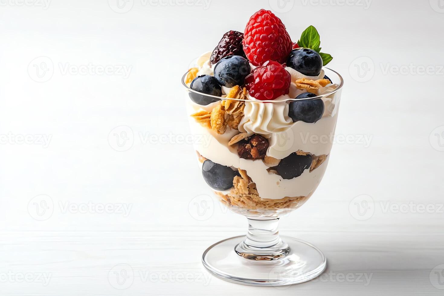 A delicious parfait with creamy yogurt, fresh berries, and crunchy granola elegantly served in a glass cup against a light background. photo