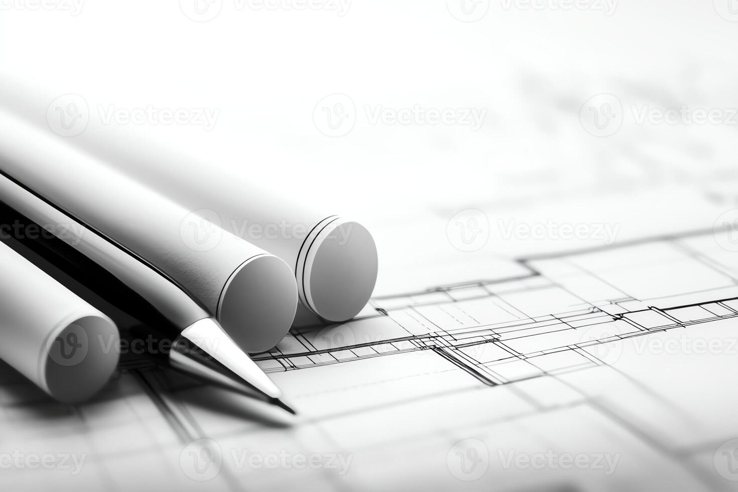 A close-up view of architectural blueprints with rolled plans and a pen, showcasing detailed construction designs and technical drawings essential for building projects. photo