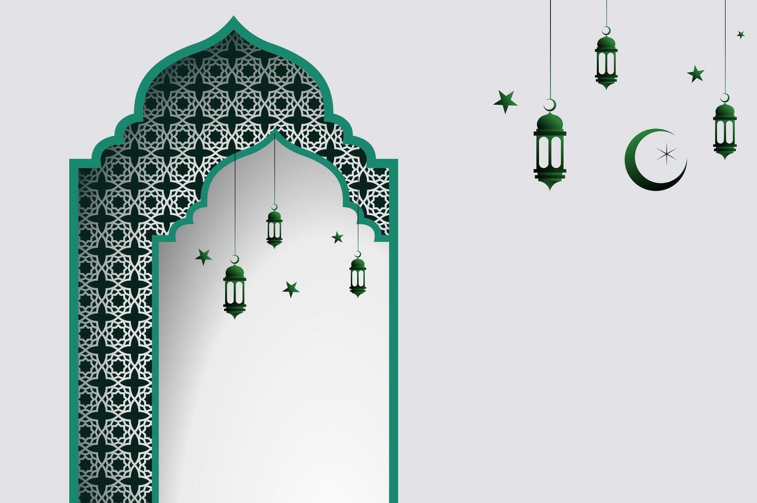 Islamic architecture window with lantern and moon, 3D papercut green color ramadan background arch arabic. Islamic celebration template with copy space. vector