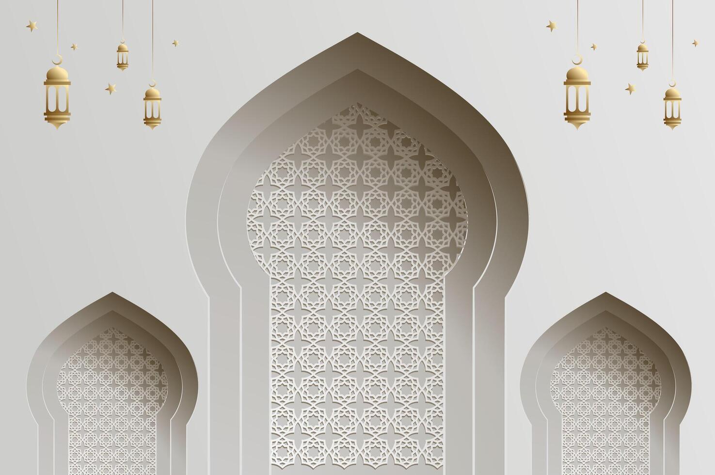 3D effect papercut style Islamic architecture window with lantern, ramadan background and Islamic celebration template with copy space. vector
