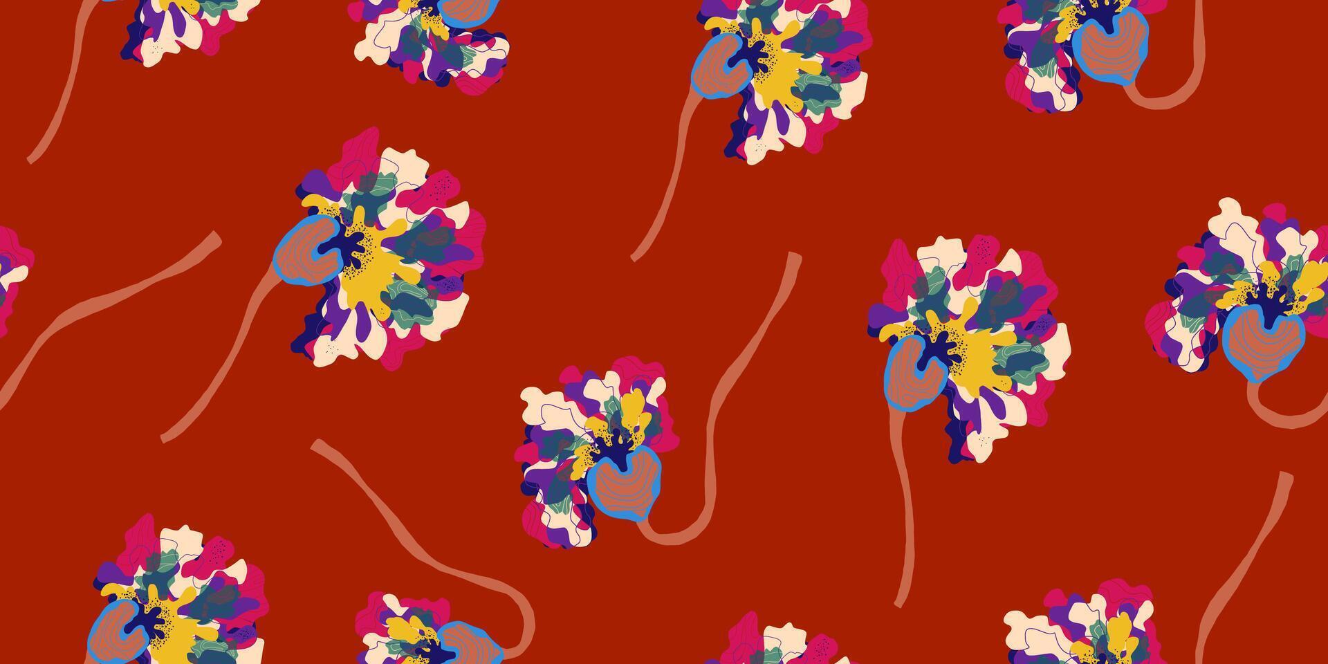 a pattern with colorful flowers on a red background vector