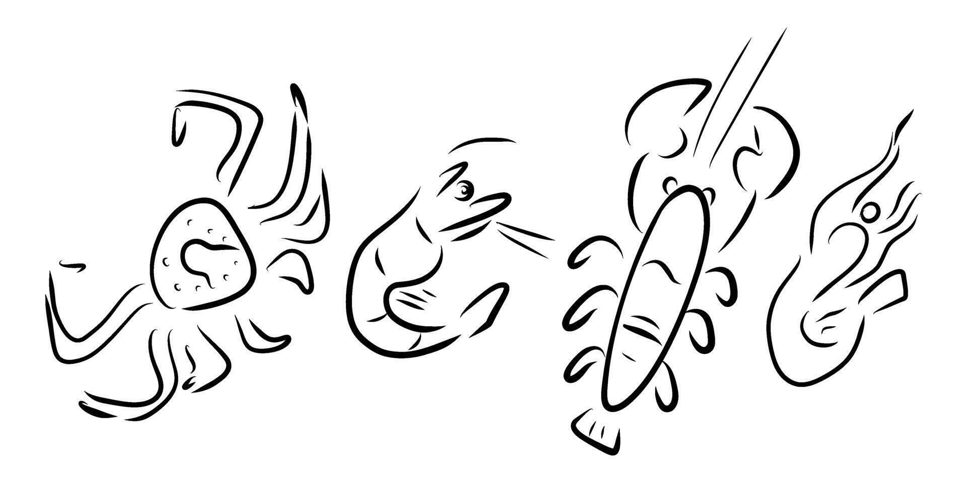 Whimsical sea animals set, crabs, lobsters, prawn, and shrimps set, marine clipart vector