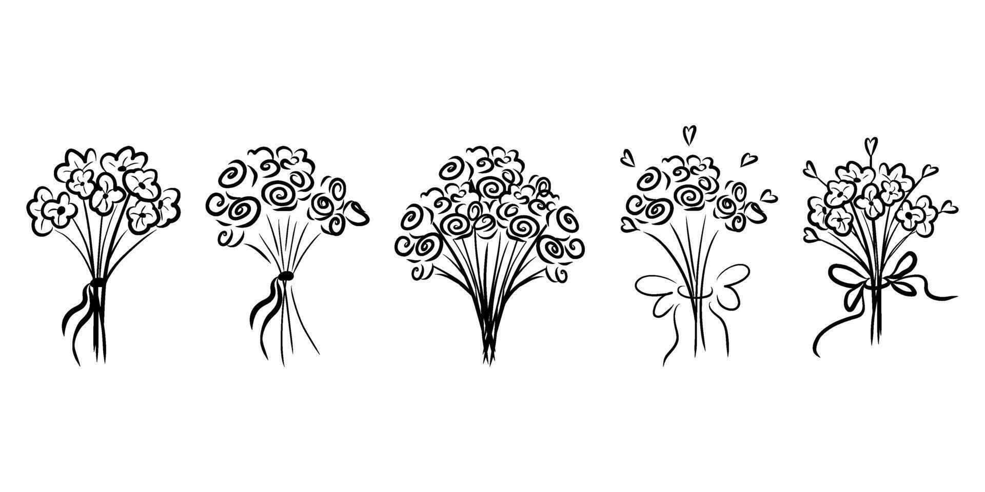 Whimsical flower bouquets set, hand drawn flowers, decorative flowers doodle set vector