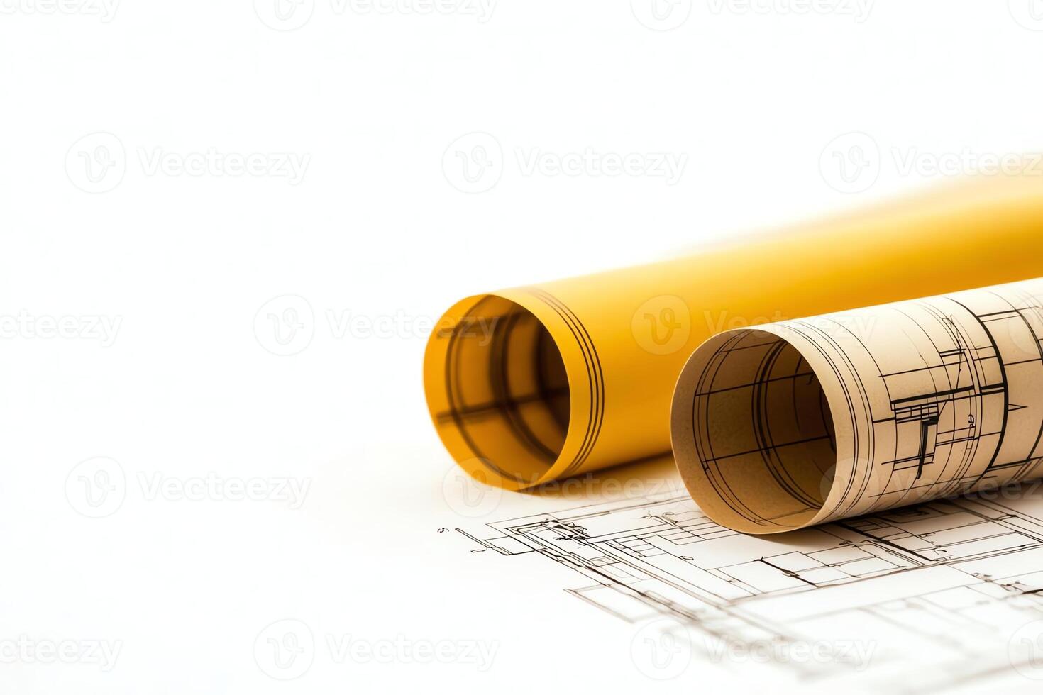 A close-up of architectural blueprints and rolled construction plans emphasizing precision in design and planning. Ideal for showcasing engineering and architecture concepts. photo