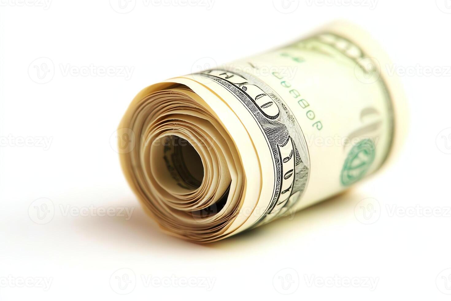 A close-up view of a rolled hundred-dollar bill, symbolizing wealth and financial success. Ideal for financial themes, investment concepts, and money-related topics. photo