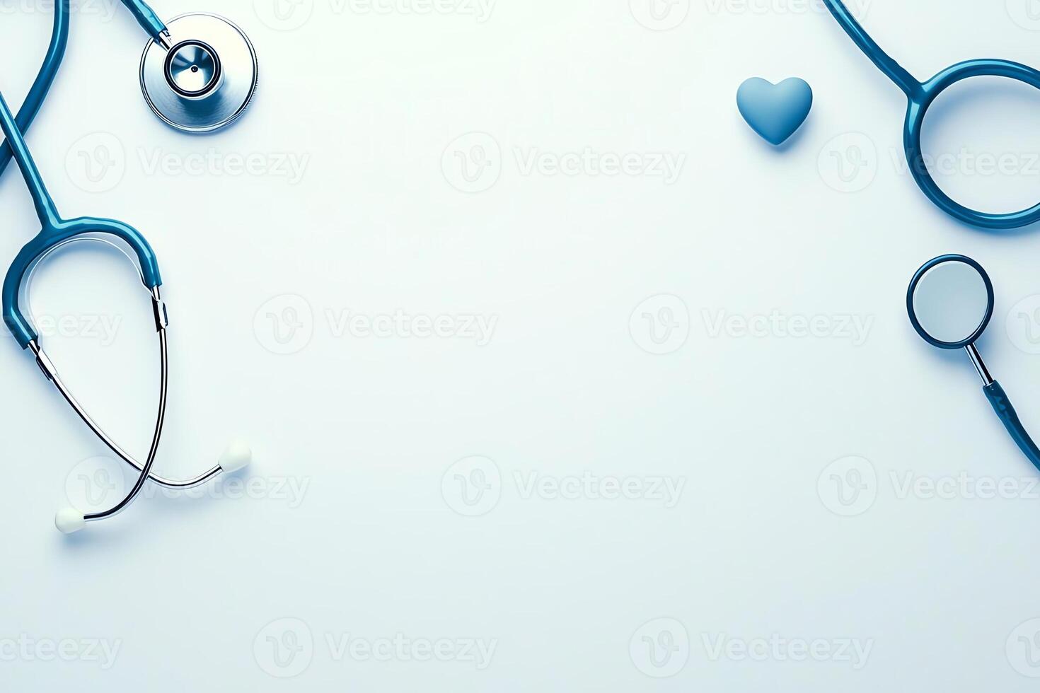 A clean and organized workspace featuring stethoscopes, a magnifying glass, and a heart photo