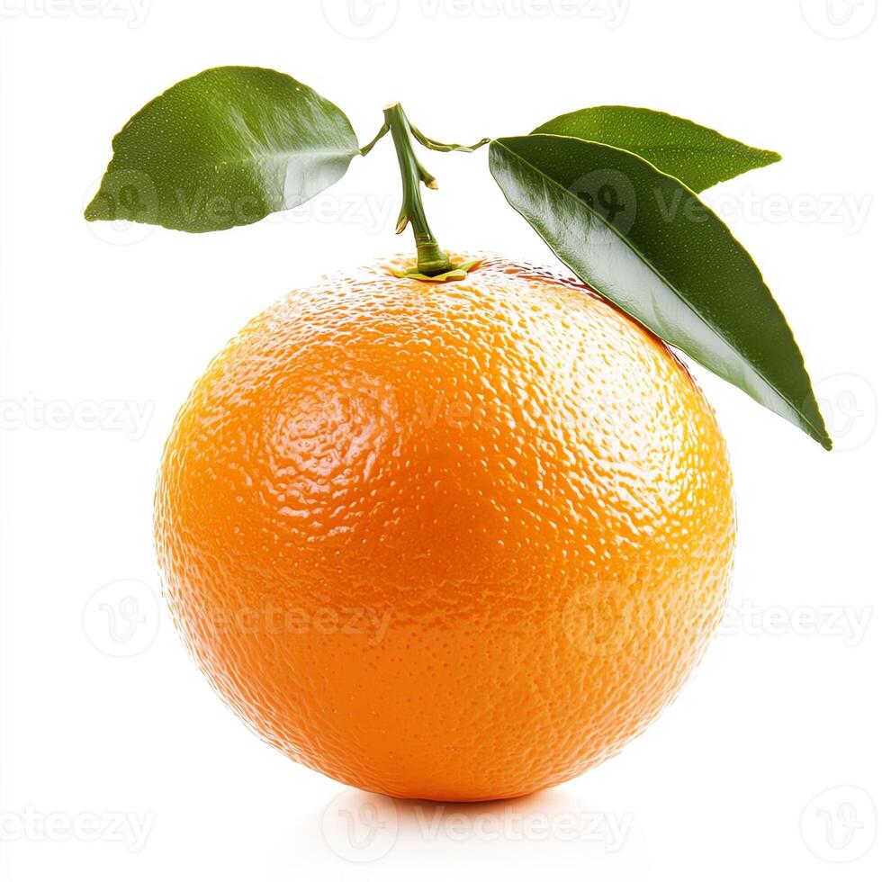 Orange fruit with green leaves on a white isolated background, showcasing vibrant color and freshness. photo