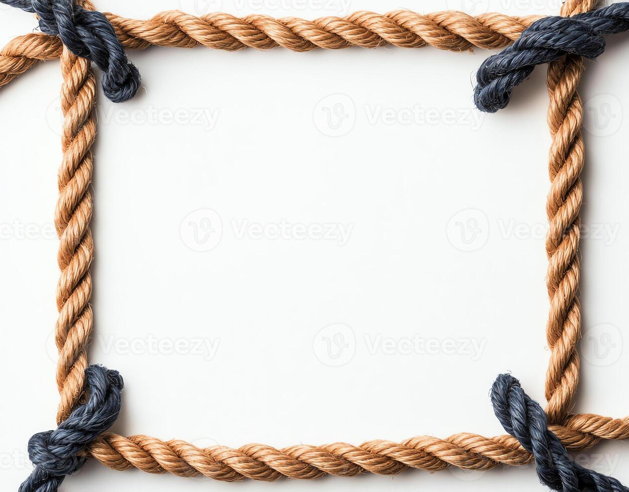 An intricate border made of intertwined ropes, featuring natural fibers in earthy tones and a blank white center for versatile use in design and art projects. photo