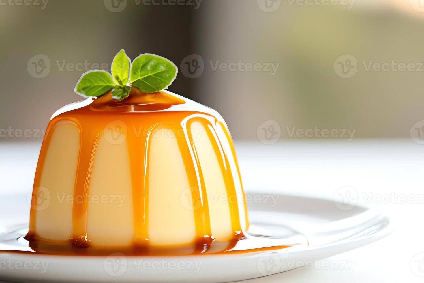 Delicious caramel pudding topped with fresh mint leaves, served elegantly on a white plate. Ideal for desserts and gourmet food photography, showcasing a delightful culinary treat. photo