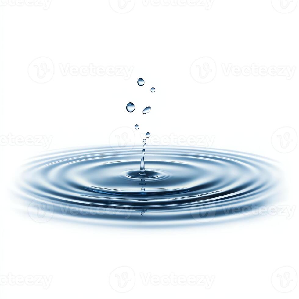 A serene image capturing a single water droplet splashing into a calm surface, creating concentric ripples. Ideal for themes of tranquility, nature, and the beauty of water. photo
