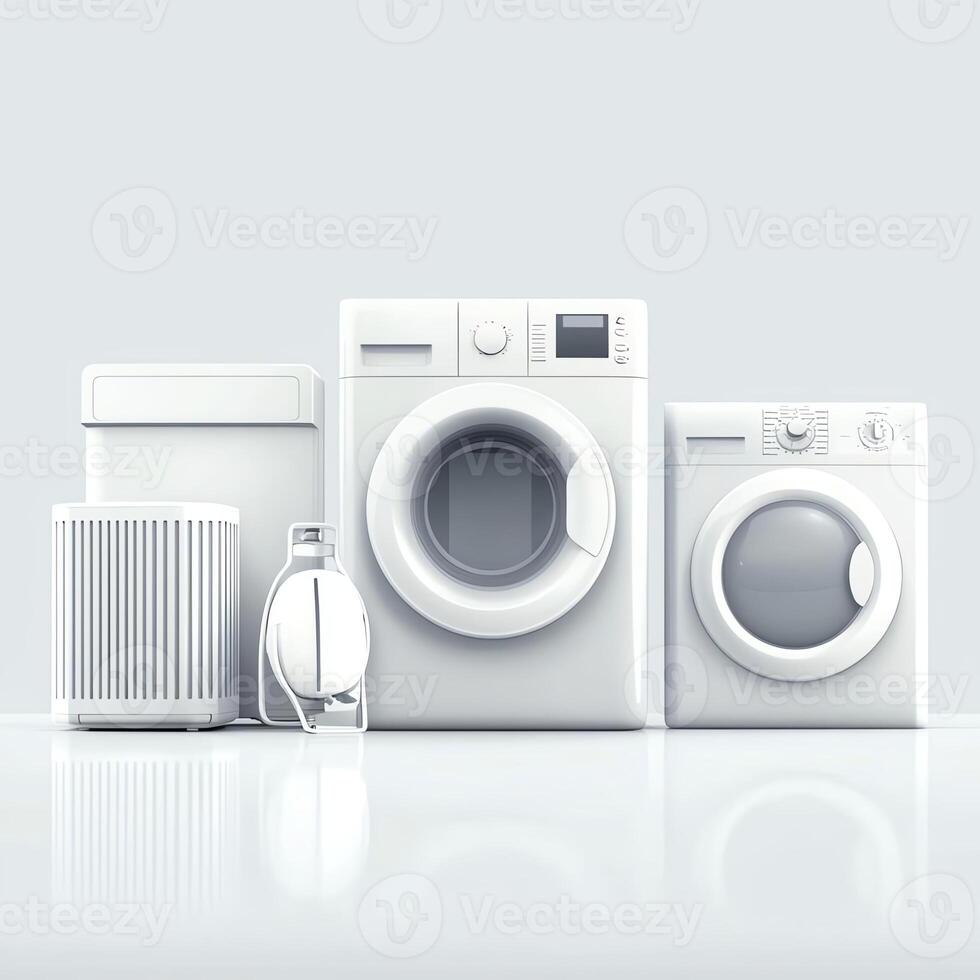 A collection of modern, white household appliances including a washing machine, dryer, air purifier, and detergent bottle, arranged aesthetically on a clean surface. photo