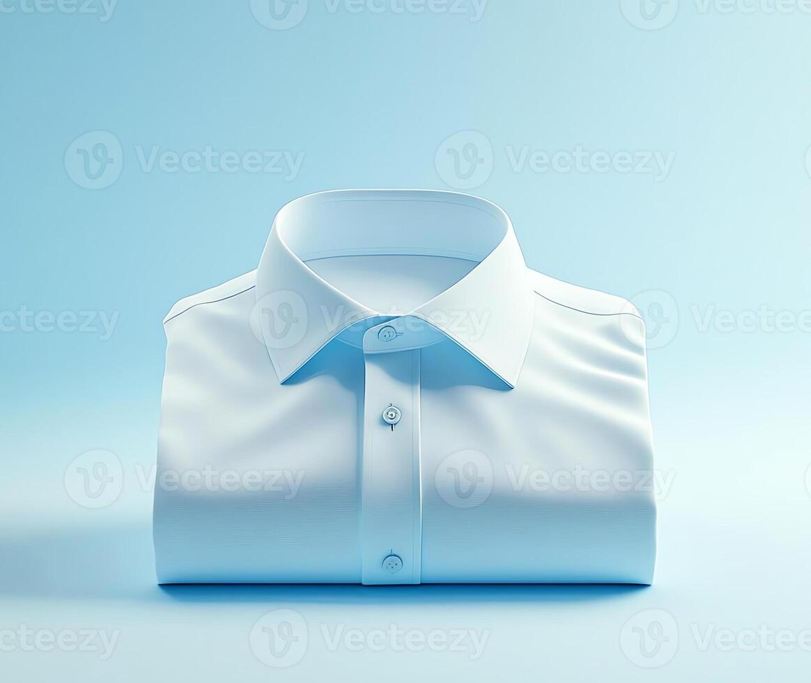 A neatly folded white dress shirt displayed on a soft blue background. Ideal for representing professionalism, fashion, or personal style in marketing and design. photo