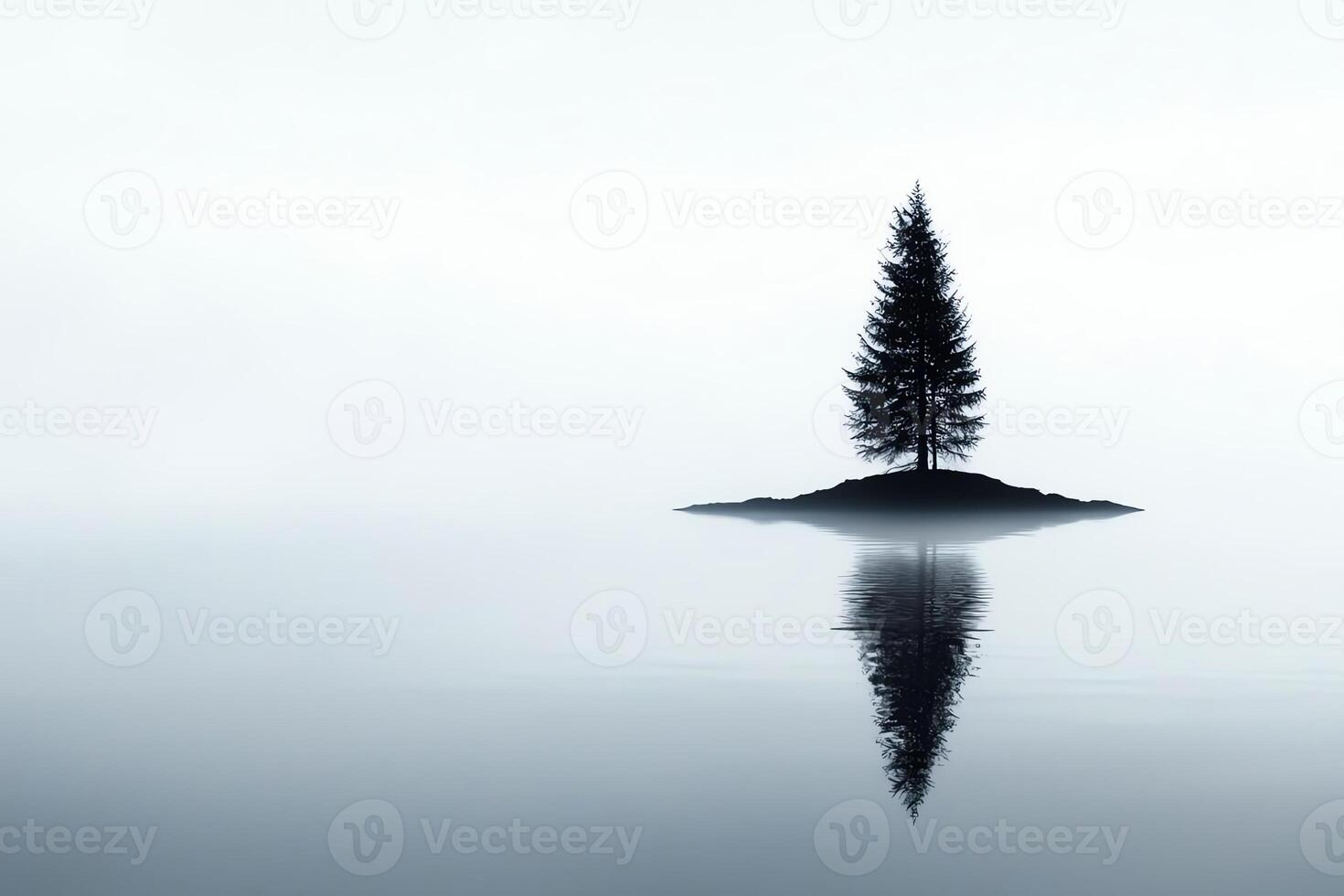 A serene landscape featuring a solitary tree on a small island, surrounded by a misty lake reflective of a calm and tranquil atmosphere, symbolizing peace and solitude. photo