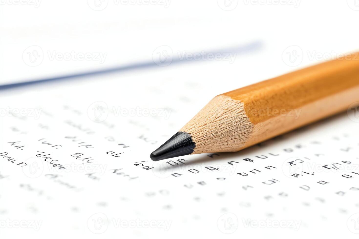 Close-up view of a sharpened pencil resting on a sheet of paper filled with handwritten notes. The pencil's wooden texture contrasts beautifully with the white background. photo