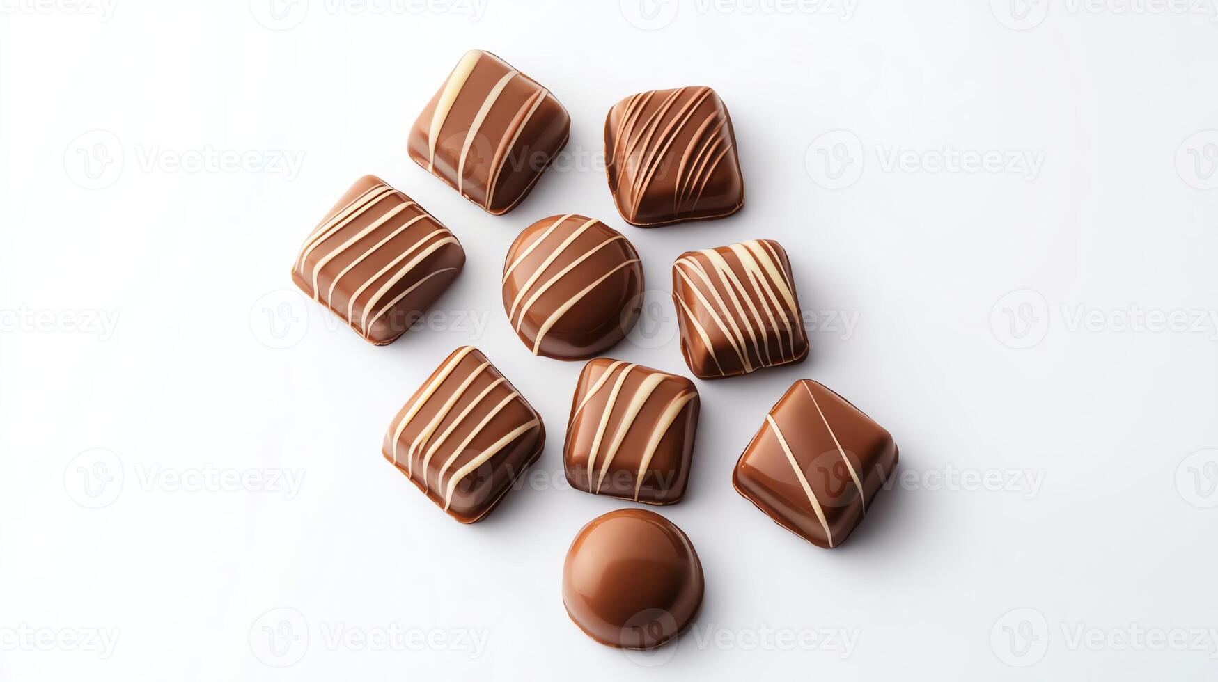 An elegant arrangement of assorted chocolate candies displayed against a white background, showcasing the rich textures and delightful patterns on each piece. photo