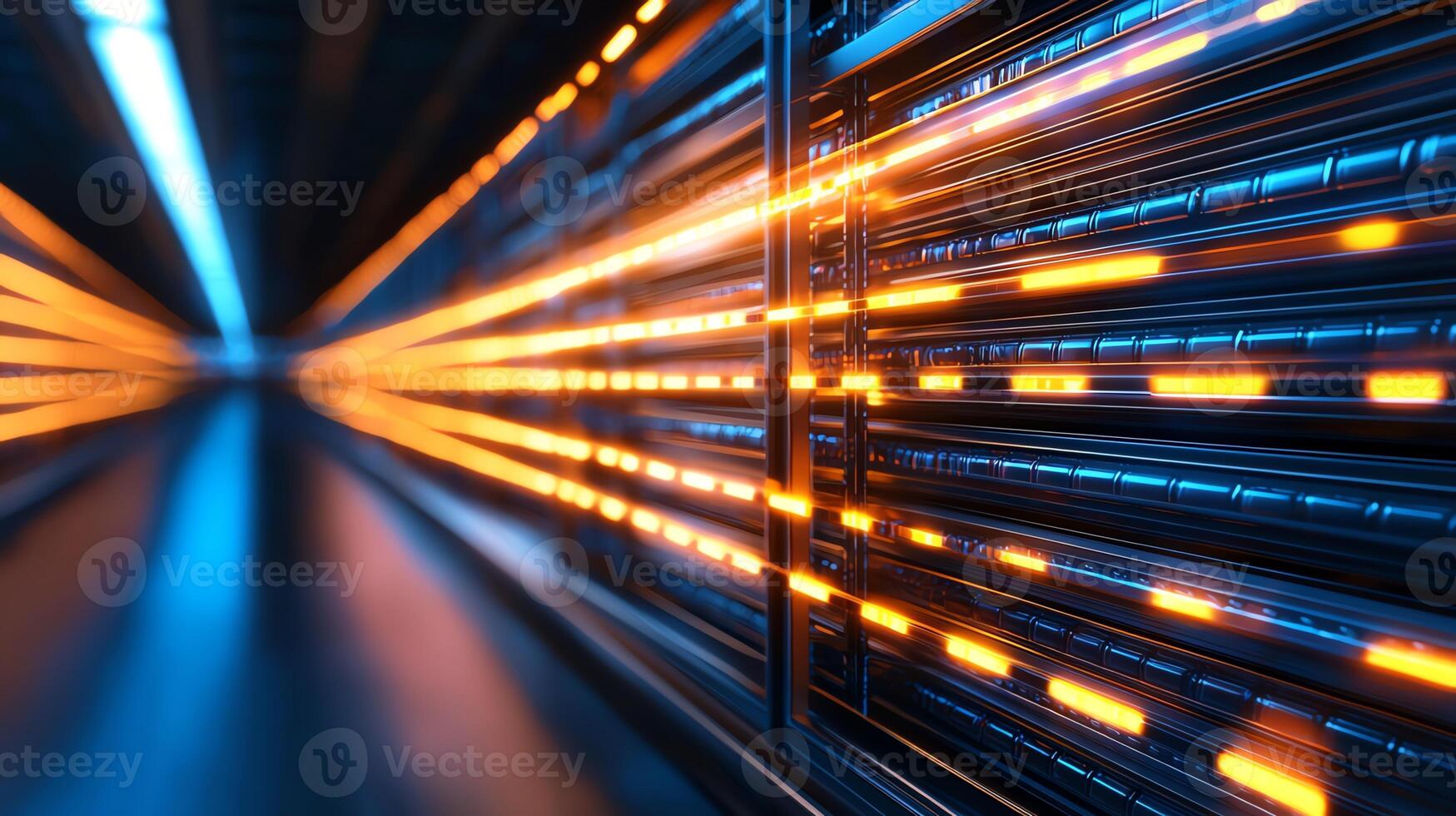 A dynamic view showcasing a futuristic data center with glowing orange and blue lights, representing advanced technology and fast data processing in a sleek, digital environment. photo