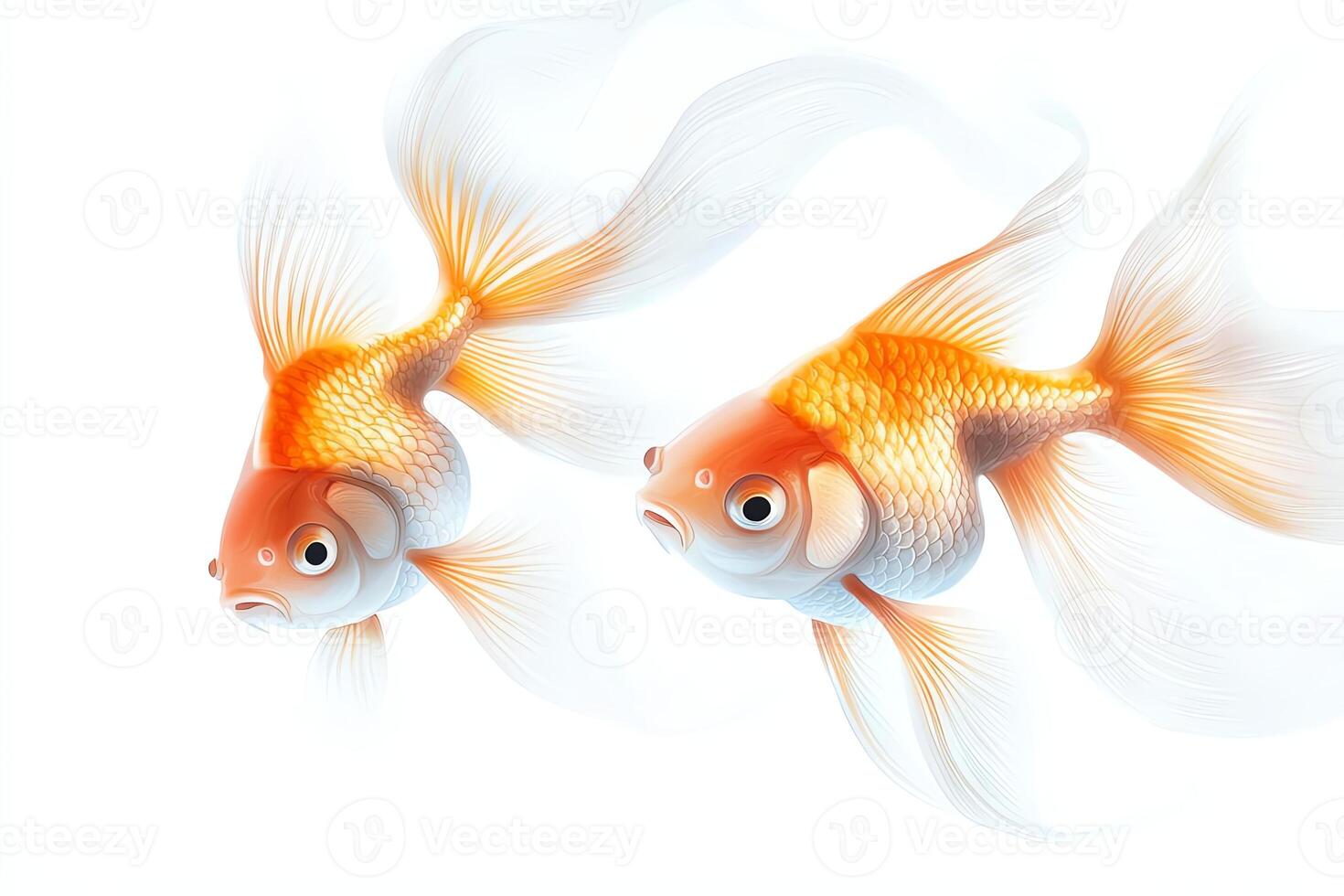 Two vibrant goldfish swim gracefully in a bright background, showcasing their shimmering scales and delicate fins. Ideal for aquatics, pets, or nature-themed projects. photo