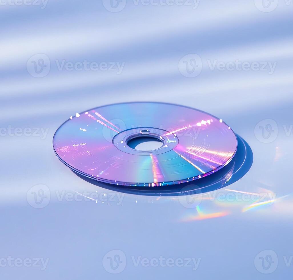 A close-up view of a shiny, iridescent CD resting on a reflective surface, showcasing its vibrant colors and patterns photo