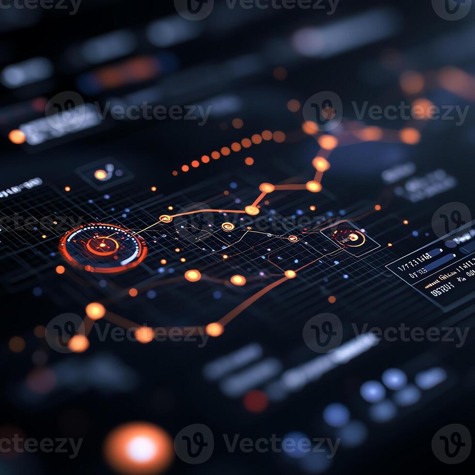 A close-up view of a futuristic data visualization interface with glowing elements and intricate graphs, symbolizing advanced technology and data analytics in action. photo