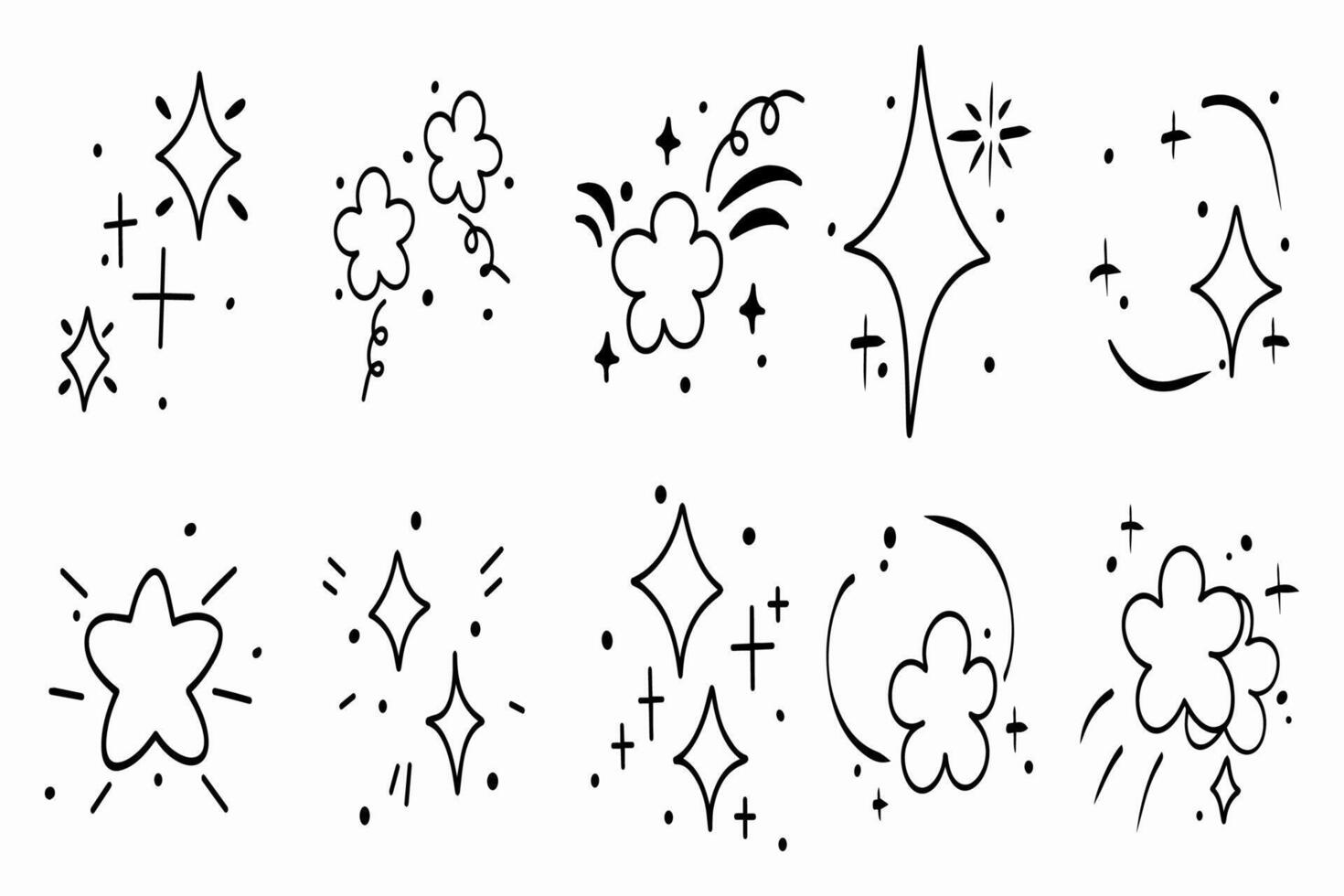 hand drawn a set of black of stars and flowers sparkle line art vector