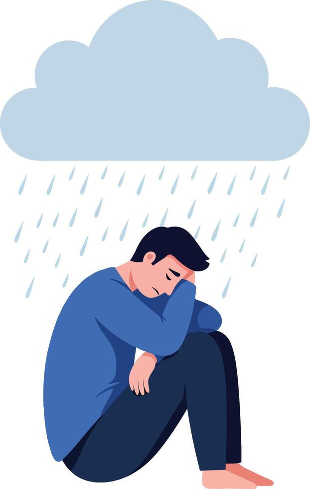A man sitting on the ground with his knees drawn to his chest under a rain cloud in a flat illustration vector