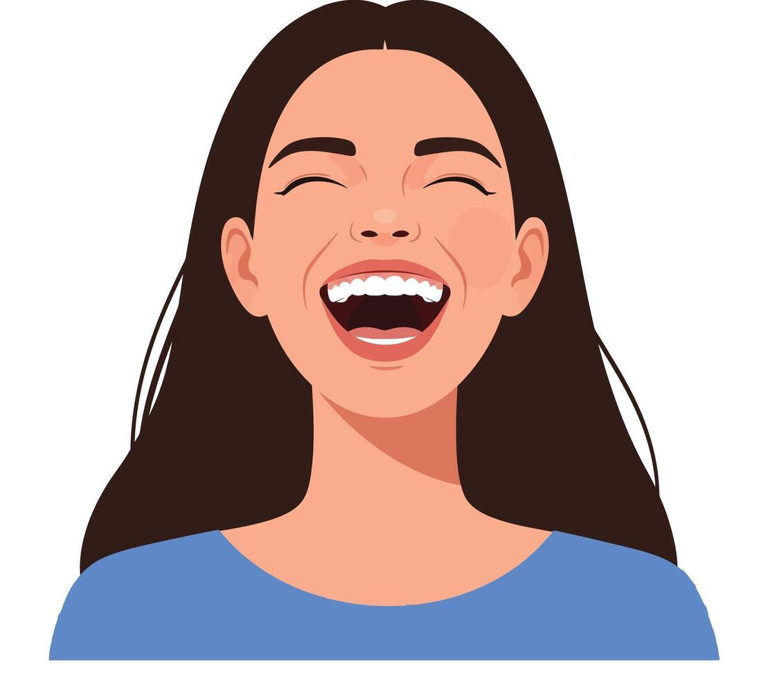 Joyful woman with long dark hair laughing heartily in a minimalistic flat design style illustration vector
