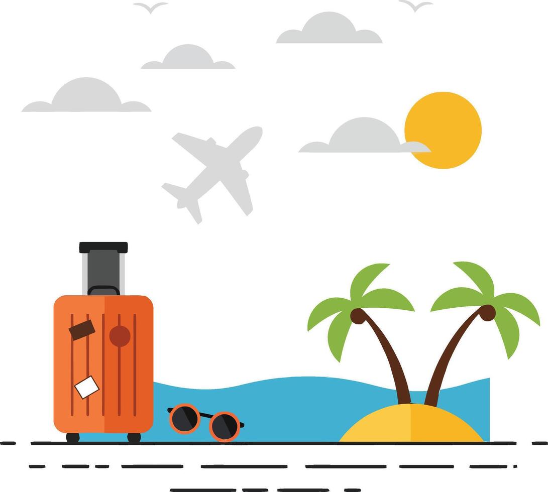 A vibrant tropical beach scene with palm trees, suitcase, sunglasses, and airplane in the sky, designed in a minimal art style vector