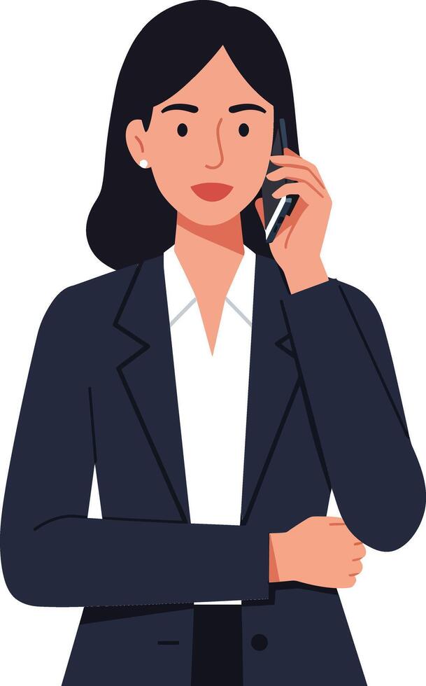 Professional woman in a tailored suit talking on the phone in a minimalist flat illustration vector