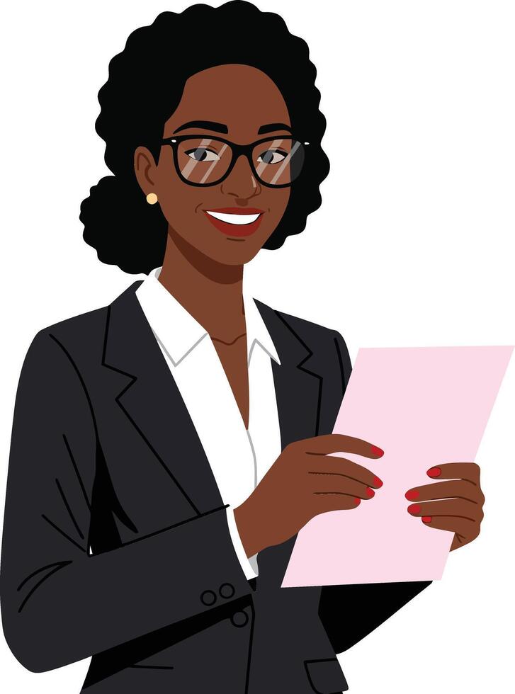 Confident businesswoman in a professional black suit holding a pink document in a flat illustration style with a friendly smile and glasses vector