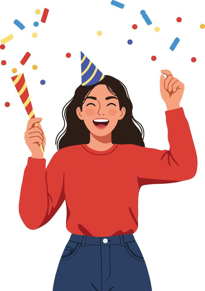 Cheerful young woman celebrating a festive occasion with colorful confetti and party hats in a flat illustration vector