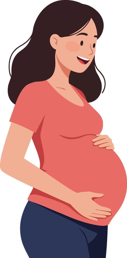 Pregnant woman smiling warmly while gently cradling her baby bump in a flat, modern style illustration conveying joy and anticipation of motherhood vector